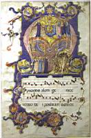 Page d'un antiphonaire sur parchemin, 14eme, Cathedrale San Lorenzo, Perrugia, Italie